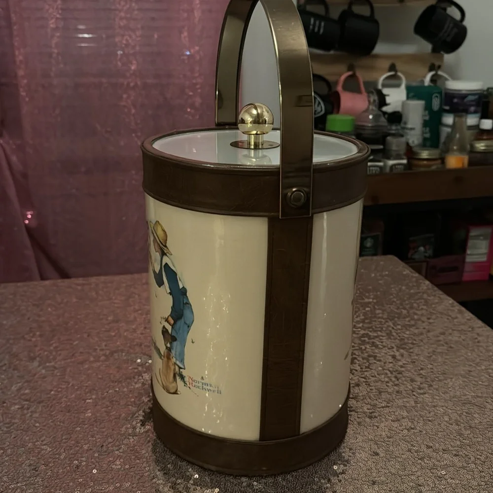 Vintage 1970s Normal Rockwell Double Sided Ice Bucket with Leather Trim MCM